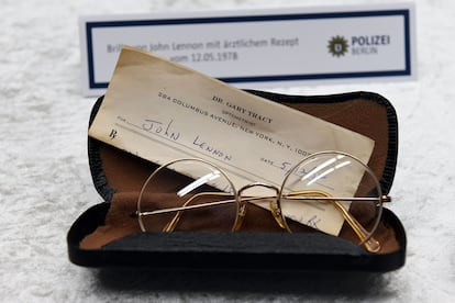 A pair of Lennon's glasses on display in Berlin in 2017, after they were recovered by German police following a robbery against Yoko Ono in New York, in which some of the couple's personal effects were stolen. 