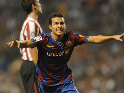 Pedro celebra su gol, el segundo del Barcelona.