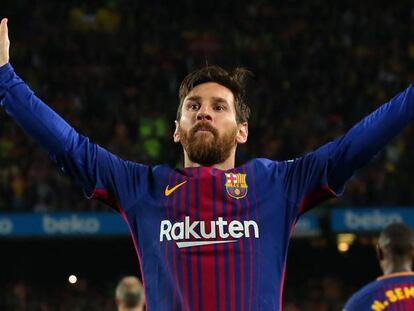 Messi festeja su gol al Madrid en el último clásico.