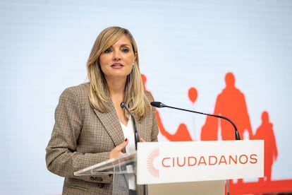 La portavoz nacional de Ciudadanos, Patricia Guasp, en rueda de prensa, este lunes, en la sede de CS.