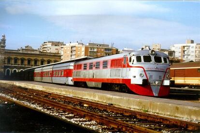 A Talgo train leaves a Spanish rail station. 