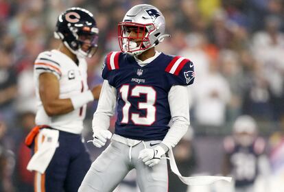 Jack Jones, #13 of the New England Patriots, during the first quarter against the Chicago Bears at Gillette Stadium in Foxborough, Massachusetts, on October 24, 2022.