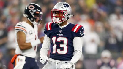 Jack Jones, #13 of the New England Patriots, during the first quarter against the Chicago Bears at Gillette Stadium in Foxborough, Massachusetts, on October 24, 2022.