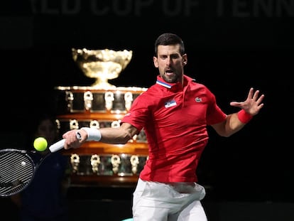 Serbia's Novak Djokovic in action during his match in the quarter final against Britain's Cameron Norrie in Malaga (Spain). November 23, 2023.