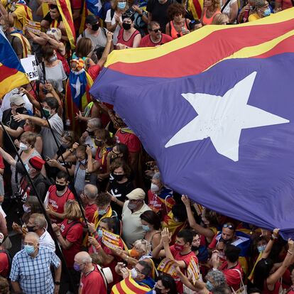 11/09/21 En la imagen, manifestacion organizada por la Assemblea Nacional de Catalunya (ANC) con el lema Lluitem i guanyem la independencia (luchemos y ganemos la independencia).
11 de setiembre, diada nacional de Catalunya. Barcelona, 11 de setiembre de 2021 [ALBERT GARCIA] 
