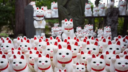 Cat figurines called "maneki-neko" at Gotokuji Temple in Tokyo.