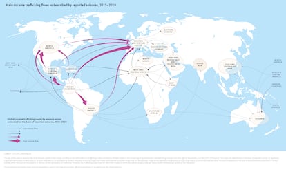 Mapa de las rutas mundiales de tráfico de cocaína, según la ONU.