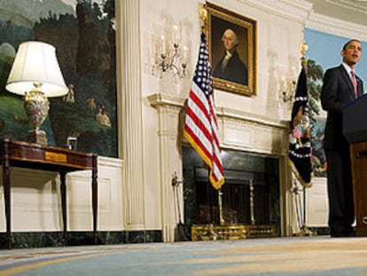 Obama en la Casa Blanca durante su discurso sobre Irán