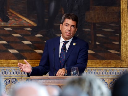 El presidente de la Generalitat, Carlos Mazón, durante su primer discurso como presidente el 9 de octubre, Día de la Comunitat Valenciana.