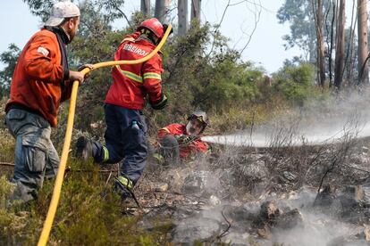 Um bombeiro cai no chão durante as obras de extinção do incêndio florestal na área da Sarnada, Portugal.