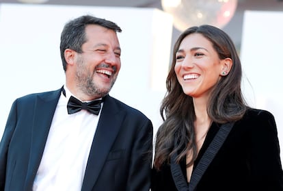 Minister and leader of the League, Matteo Salvini, with his partner, Francesca Verdini, on the red carpet of the Venice film festival, on September 4, 2020.