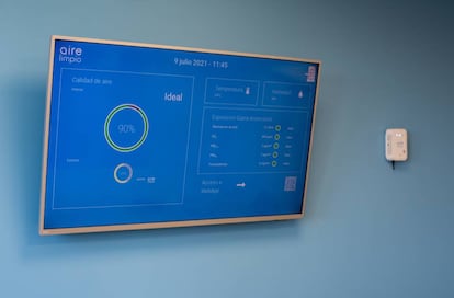 Pantalla con datos del nivel de CO2, partículas, temperatura o humedad en una sala.