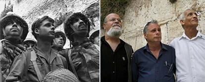 Los militares israelíes Zion Karasanti, Yitzhak Yifat y Haim Oshrí, junto al Muro Oeste, en junio de 1967 y en la actualidad.