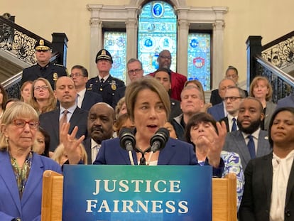 Massachusetts Gov. Maura Healey holds a news conference  at the Massachusetts Statehouse in Boston on Wednesday, March 13, 2024.