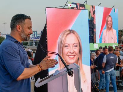 Intervención de Giorgia Meloni en un mitin de Vox durante la campaña electoral.
