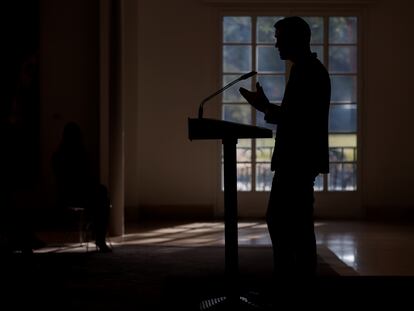 El presidente del Gobierno, Pedro Sánchez, durante la presentación del informe de rendición de cuentas del Ejecutivo, este miércoles en La Moncloa.