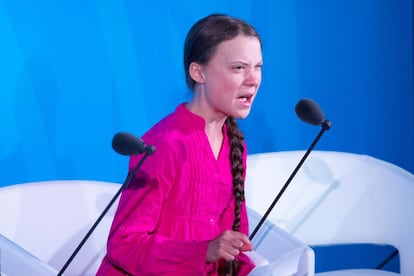 Greta Thunberg, a ativista ambiental sueca de 16 anos que promoveu o movimento Sextas-feiras pelo Futuro, discursa na cúpula da ONU sobre mudança climática, em Nova York. A ativista foi escolhida a personalidade do ano pela revista ‘Time’.