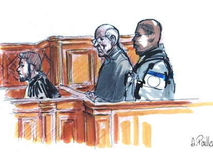 French ex-surgeon Joel Le Scouarnec, accused of the aggravated rape and sexual assault against hundreds of children during three decades, is seen during his trial at the courthouse in Saintes,  France, March 3, 2020 in this courtroom sketch