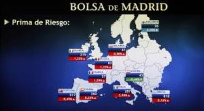 Vista de una pantalla informativa de la prima de riesgo en diferentes países. EFE/Archivo