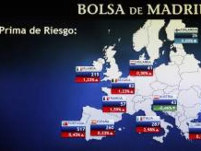 Vista de una pantalla informativa de la prima de riesgo en diferentes países. EFE/Archivo