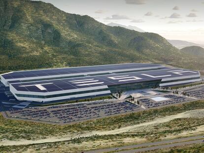 A digital illustration of Tesla's planned factory in Santa Catarina (State of Nuevo León).