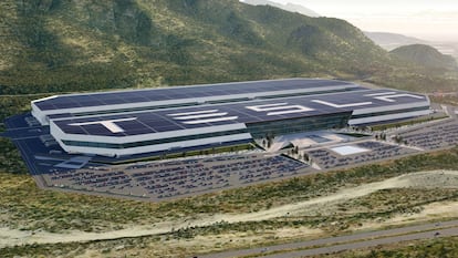 Una ilustración digital de la fábrica planeada por Tesla en Santa Catarina, Nuevo León.