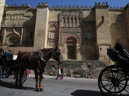 Coches de caballos frente a la mezquita de Córdoba. 