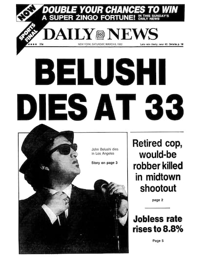 Front page of the 'Daily News' on March 6, 1982 announcing the death of John Belushi.