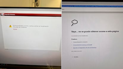 Anuncios en la pantalla que le impiden a los médicos acceder al sistema AP Madrid. A la izquierda, el de este martes, y a la derecha, el del lunes.