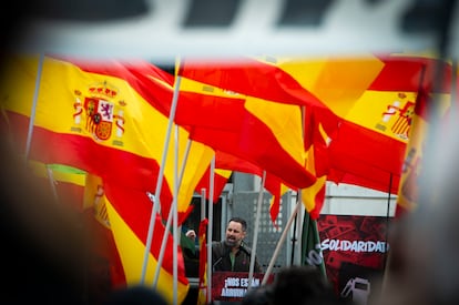 Santiago Abascal, líder de Vox, en un acto del partido celebrado en Madrid, este sábado.