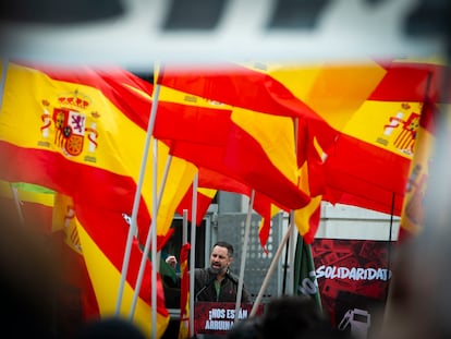 Santiago Abascal, líder de Vox, en un acto del partido celebrado en Madrid, este sábado.