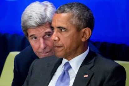 Obama y John Kerry en la ONU.