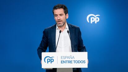 El portavoz del comité de campaña del PP, Borja Sémper, en una rueda de prensa, en la sede del partido, el pasado 24 de abril en Madrid.