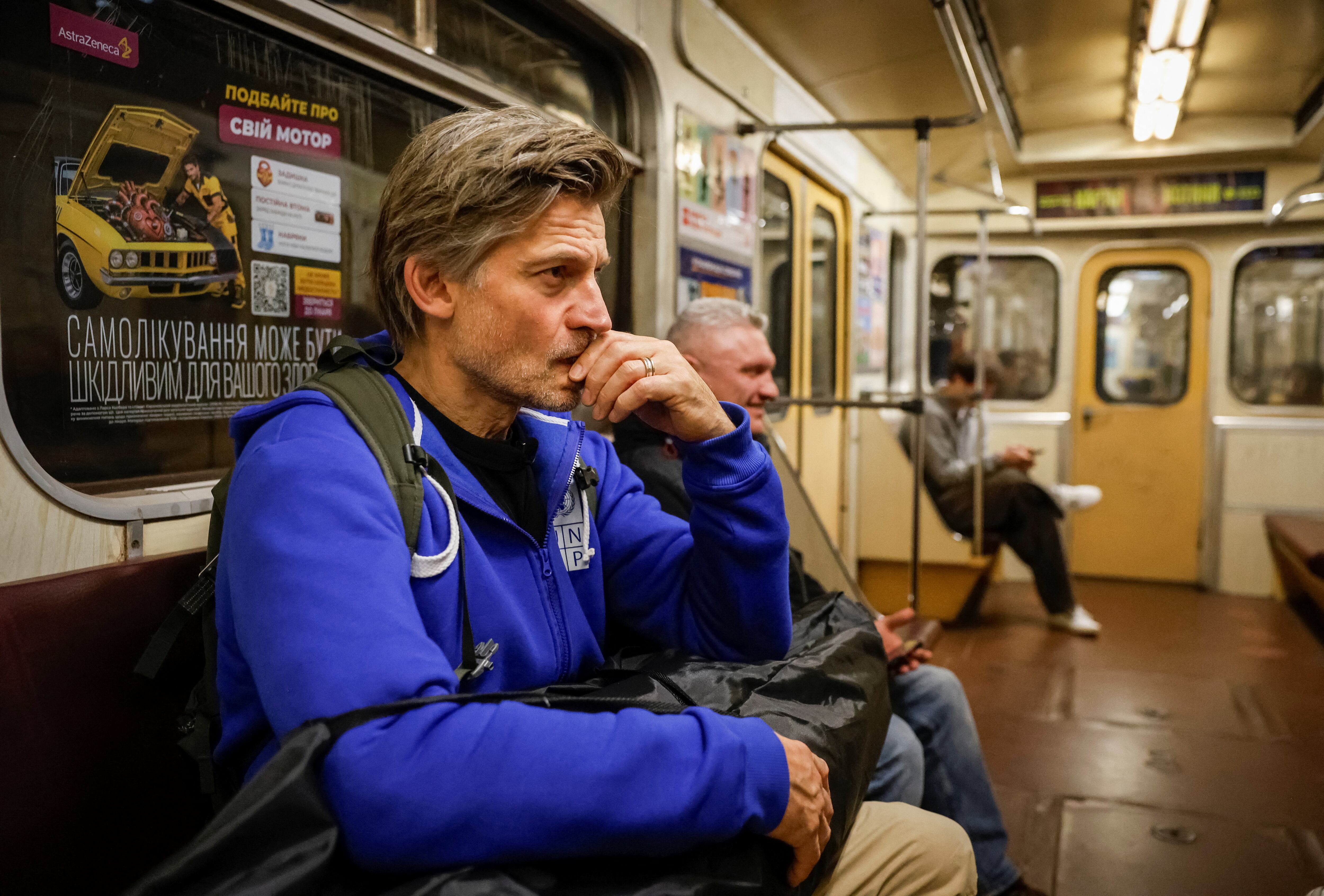 Actor Nikolaj Coster-Waldau takes shelter inside a metro station in Kyiv