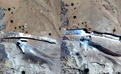 Imagen del antes y después de la destrucción de la presa de Marib (Yemen). A la izquierda, la imagen por satélite tomada el 23 de mayo de 2015. A la derecha, el 29 de octubre de 2015.