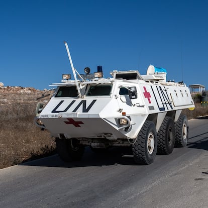 MARJAYOUN, LEBANON - OCTOBER 5: UNIFIL (United Nations Interim Force In Lebanon) armoured personnel carriers depart a base to patrol near the Lebanon-
Israel border on October 5, 2024 in Marjayoun, Lebanon. Israel continued airstrikes on Beirut and its southern suburbs as its military announced a ground offensive in Lebanon, part of what it said would be a "limited" incursion to target Hezbollah forces. (Photo by Carl Court/Getty Images)