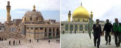 La fotografía de la izquierda muestra el templo tras el atentado de 2006. A la derecha, cuando estaba intacto.