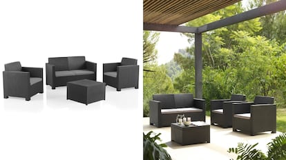 Lote de sillones en varias dimensiones junto a una mesa auxiliar con diseño en ratán.