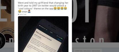 Tuit advirtiendo de la consecuencia de cambiar la fecha de nacimiento en la red social.