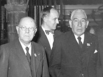 Pau Casals, 1950 a la esquerra, quan l&#039;exili va volver impulsar la seva figura pol&iacute;tica.