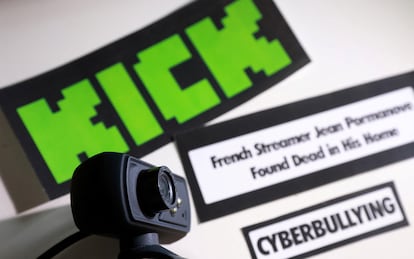 Composición de imágenes con el logo de la plataforma Kick y la noticia de la muerte de Jean Pormanove.