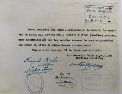 Recibo por la recompensa recibida por el hallazgo del Tesoro de Yunquera, firmado por Doroteo Martínez, padre de Julián.