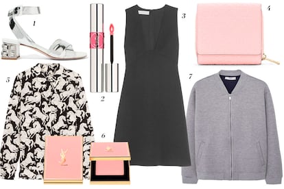 1. Miu Miu Zapatos metalizados 2. Yves Saint Laurent Labial 'Volupté' 3. Stella McCartney Vestido negro con escote en pico 4. Loewe Monedero 5. Stella McCartney Camisa con estampado de caballos 6. Yves Saint Laurent 'Touché Éclat' Blur Perfector 7. Mango Chaqueta bomber gris.