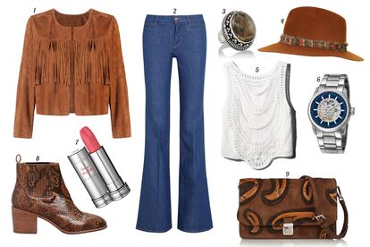 1. Mango Chaqueta de ante con flecos. 2. MiH Jeans Vaqueros acampanados. 3. Saint Laurent Anillo de plata con piedra. 4. Topshop Sombrero de fieltro con cinta de plumas. 5. H&M Top sin mangas. 6. Kenneth Cole Reloj de acero con esfera azul. 7. Lancôme Barra de labios 'Rouge in Love'. 8. & Other Stories Botín de pitón con tacón de madera. 9. Miu Miu Bandolera de ante bicolor con detalles de pitón.