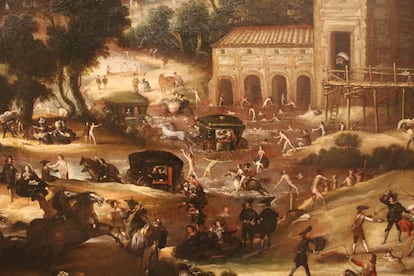 Detalle del cuadro de Félix Castelo "Baños en el Manzanares en el paraje de Molino Quemado", en torno a 1634 o 1637, en el que se aprecian los bañistas en el río. 