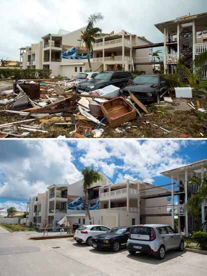 La fotografía de arriba muestra el exterior del hotel Mercure en la isla caribeña de San Martín, el 6 de septiembre de 2017, tras el paso del huracán Irma. Debajo, un imagen del hotel reconstruido, el 28 de febrero de 2018.