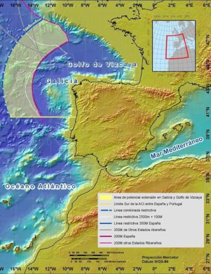 Área entre las 200 millas marinas actuales y las 350 millas marinas de límite máximo de la plataforma continental frente a Galicia. En esta zona están los 50.000 kilómetros cuadrados de ampliación propuestos.