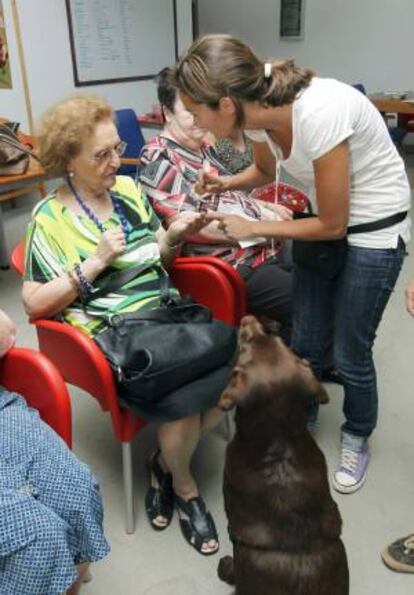 Africa, paciente de una residencia de mayores, hace terapia con la psicloga Elena Ojeda y la hembra de labrador Tirma dentro del proyecto piloto puesto en marcha en Gran Canaria por la empresa Nahai para ofrecer terapias personalizadas y en sus propias residencia a las personas mayores. EFE/Archivo