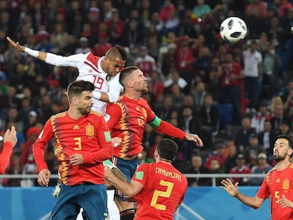 En-Nesyri marca ante España en el pasado Mundial 2018.