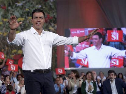 Pedro S&aacute;nchez, durante su intervenci&oacute;n en un mitin en Zaragoza.